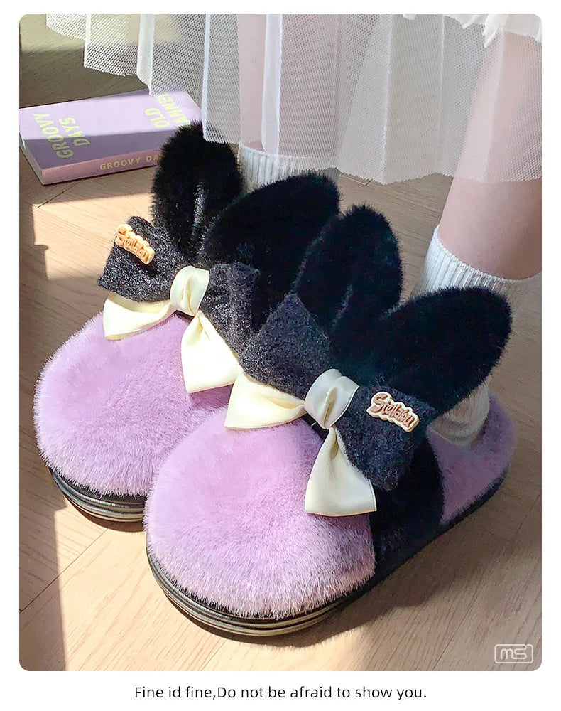 8 cm High platform fur slippers women's winter fluffy ear home shoes woman white bunny rabbit slippers woman house clog shoes