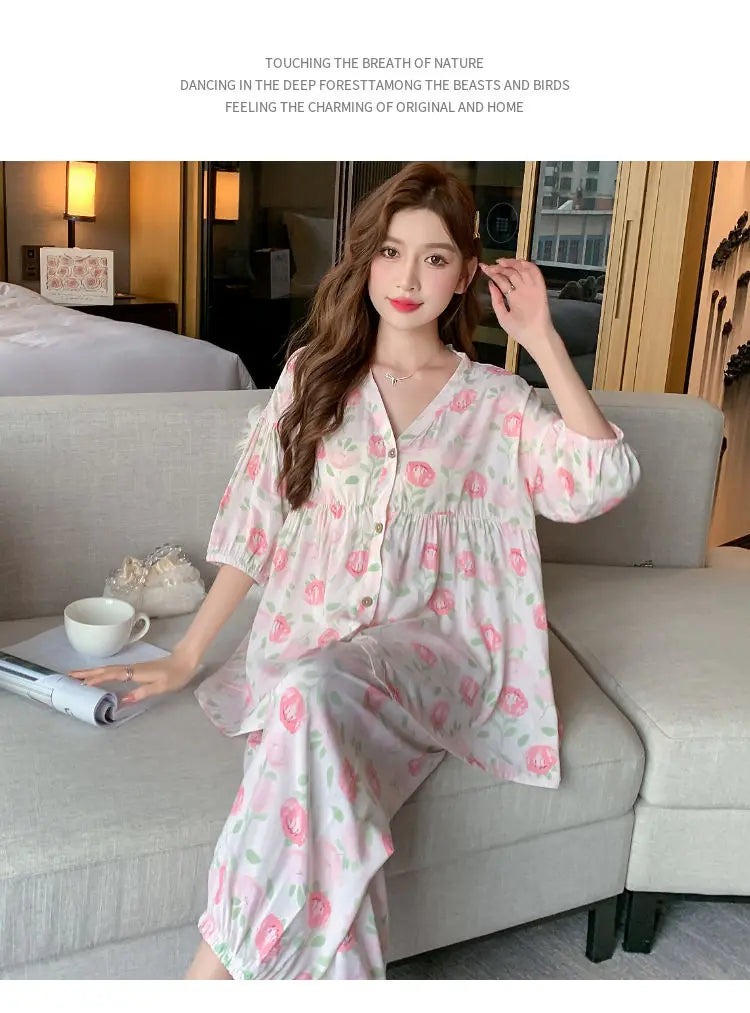 2023 New Cotton Silk Summer Pajamas Suit Plus Size Loose Ladies Home Clothes Two-piece Casual Style Thin