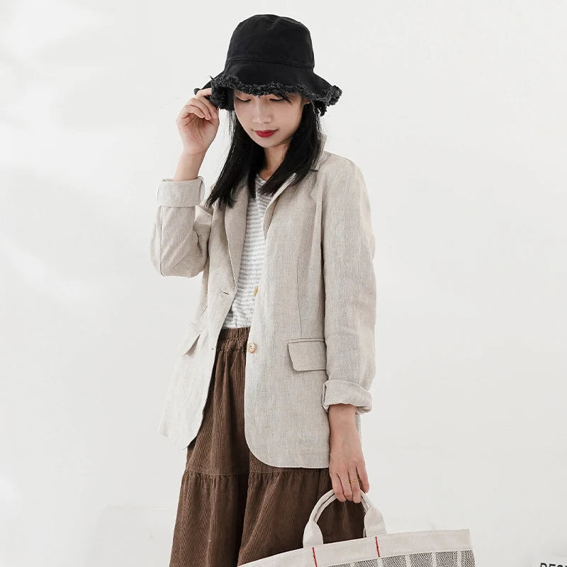 100% Linen Women Blazer Casual Notched Collar Long Sleeve Singgle Breasted Office Lady Outerwear Stylish Tops Retro Coat Viralgem Store