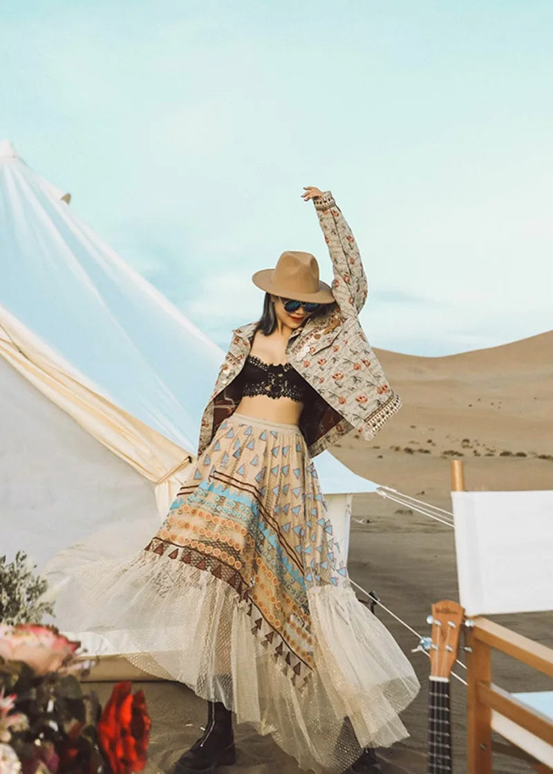 Women‘s Travel Holiday Wear Bohemian Colorful Embroidery Lace Ruffles Skirt Asymmetrical Hem Skirt Female Shiny Gold Mesh Skirts