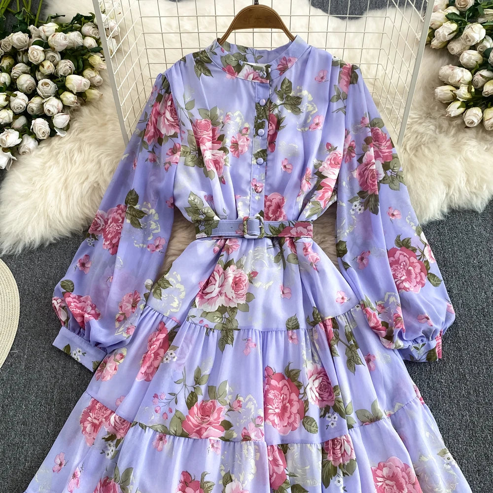 Spring Autumn Women Floral Chiffon Long Dress Vintage Purple/Pink/Black/Beige Stand Collar Single Breasted Maxi Robe Elegant New Viralgem Store