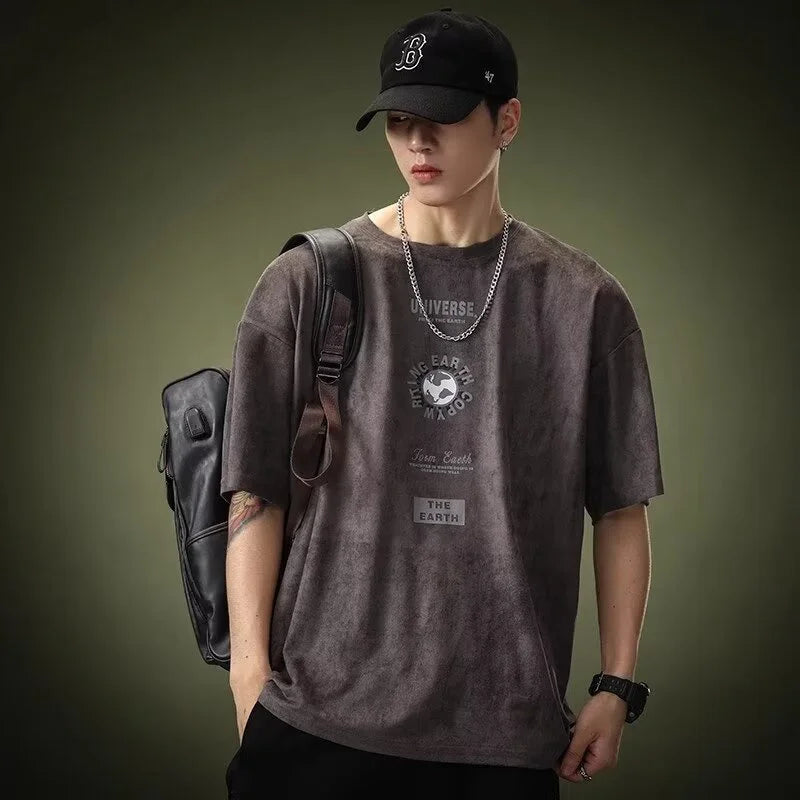 Summer Graphic Printed Suede Short Sleeve T-shirt For Men 2024 New Y2K Streetwear Oversized Tee Shirts Hip Hop O-Neck Tops