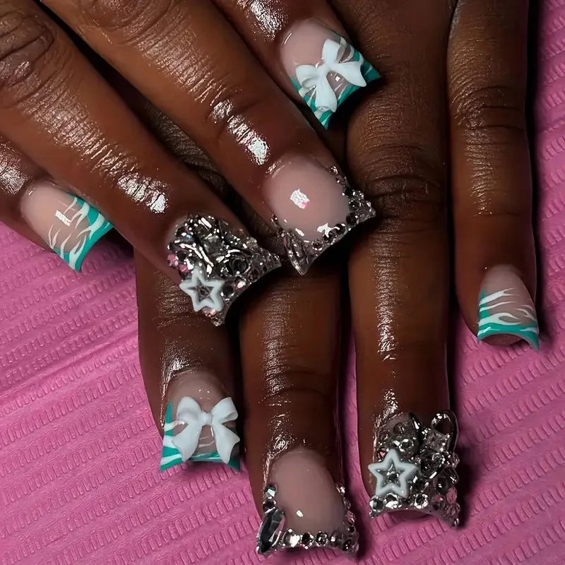 24pcs Short Duck Shaped False Nails Y2k Punk Style Rose Pink Black French Tips Press On Nail Diamond Star Flower Decor Fake Nail