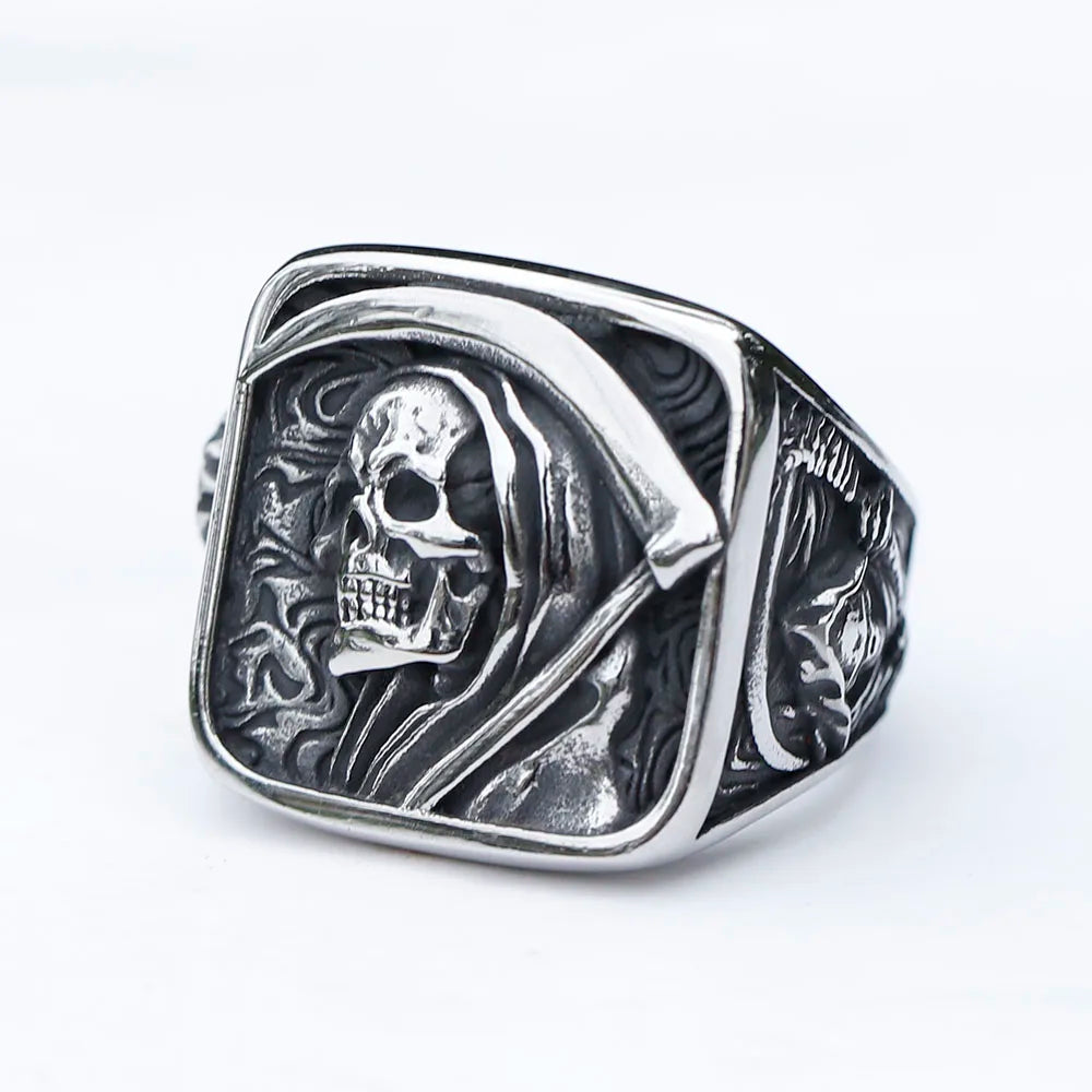 2023 Vintage Mens 316L Stainless Steel Rings for Men Death Sickle Domineering Skull Ring Men's Hip-hop Punk Party Jewelry Gift