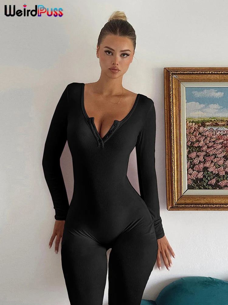 Weird Puss Fitness Button Low-Neck Casual Jumpsuit Women Autumn Fashion Ribbed Stretch Full Sleeve Basic Body-Shaping Overalls