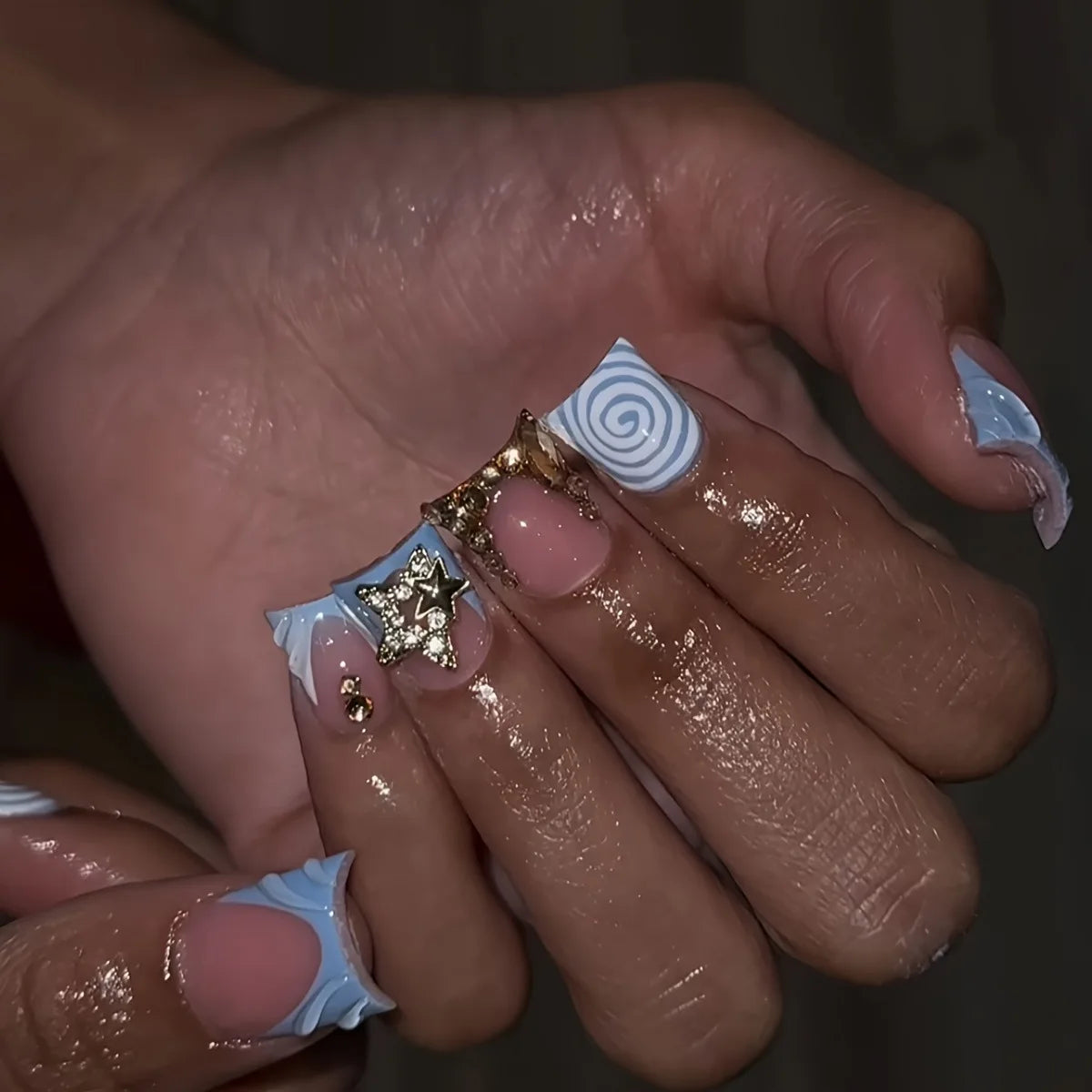 24pcs Short Duck Shaped False Nails Y2k Punk Style Rose Pink Black French Tips Press On Nail Diamond Star Flower Decor Fake Nail