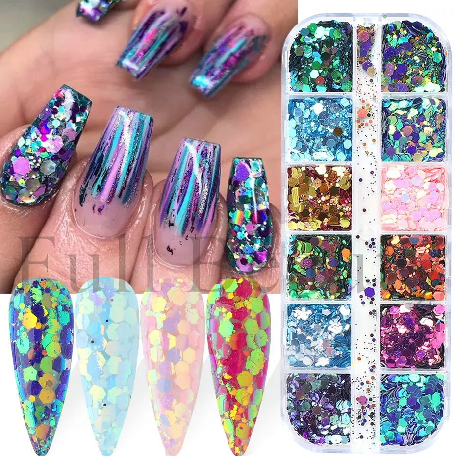 12 Grids Opal Dream Crystal Sequins Nail Flake Galaxy Iridescent Aurora 3D Paillette for Winter Autumn Manicure Decoration SWYFH Viralgem Store