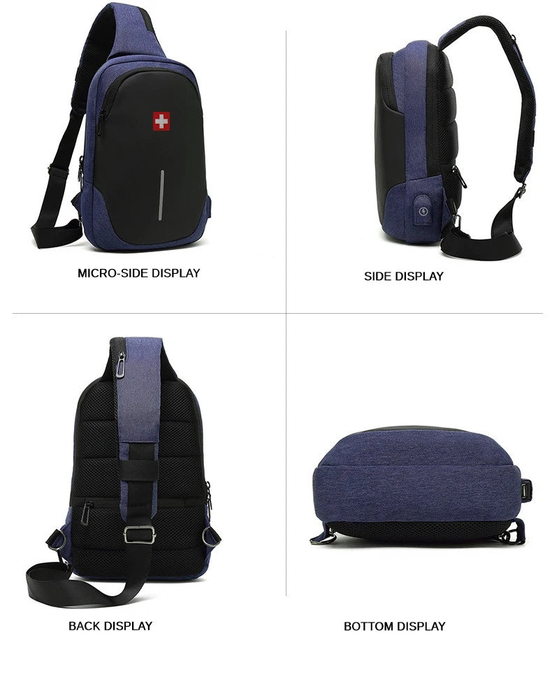 SWISS New Men's Casual Chest Bag Sports Waterproof Shoulder Bag Anti-theft Crossbody Bag Fashion Solid Color Usb Bag Sling Pack Viralgem Store