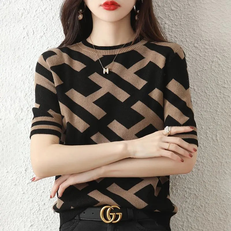 Spring Summer Knitted Top Classical Letter T-Shirt Short Sleeve Tee Korean Fashion Woman Blouse 2024 Cheap Women's Clothing Chic