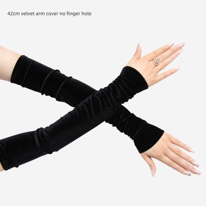 Women's Velvet Open Finger Black Oversleeve Leather Gloves