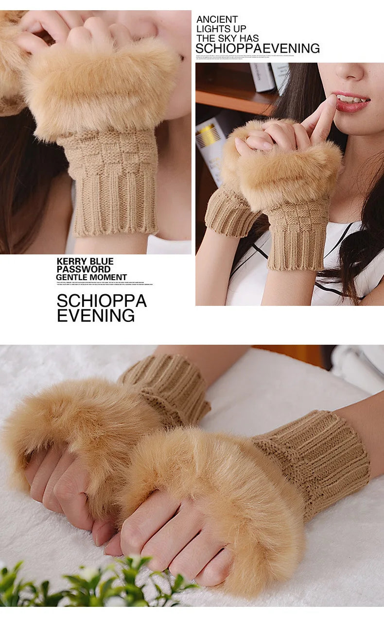 Women Autumn Winter Keep Warm Plush Knitted Woolen Splicing Half Finger Gloves Cute Lovely Sweety Smooth Soft Writing Drive