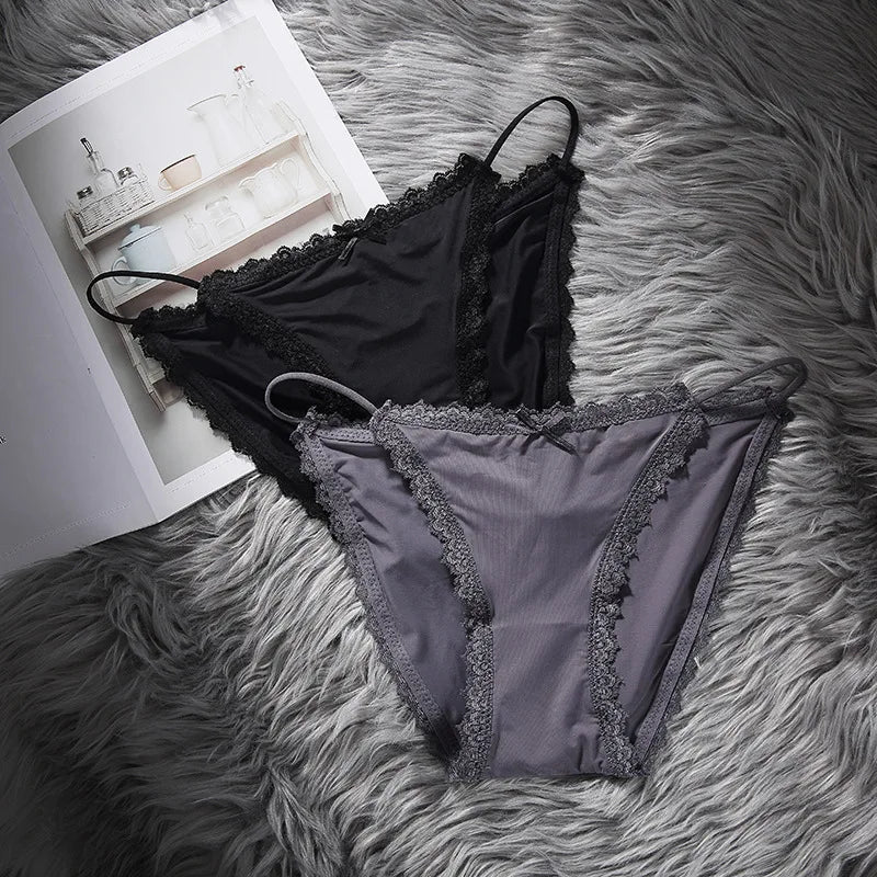 3 Articles Solid Cute Lace Bow Knot Semi Sheer Briefs Comfy Breathable Stretchy Intimates Panties Women's Lingerie  Underwear Viralgem Store