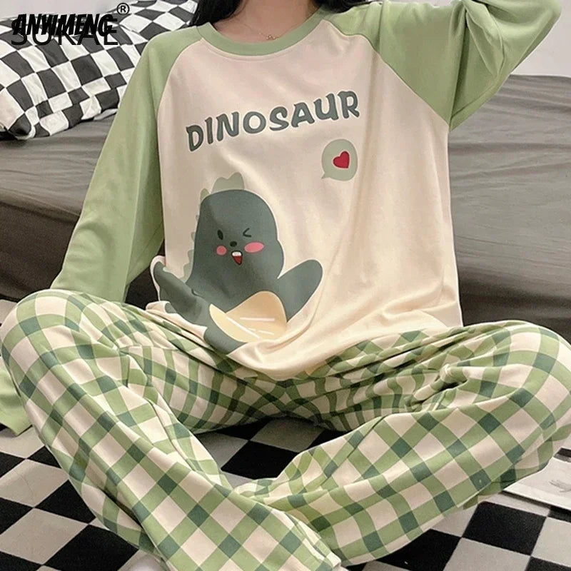 SUKAE Waffle Cotton Korean Minimalist Style Women Pajamas Spring Autumn Long Sleeves Lady Sleepwear Kawaii Round Neck Homesuits