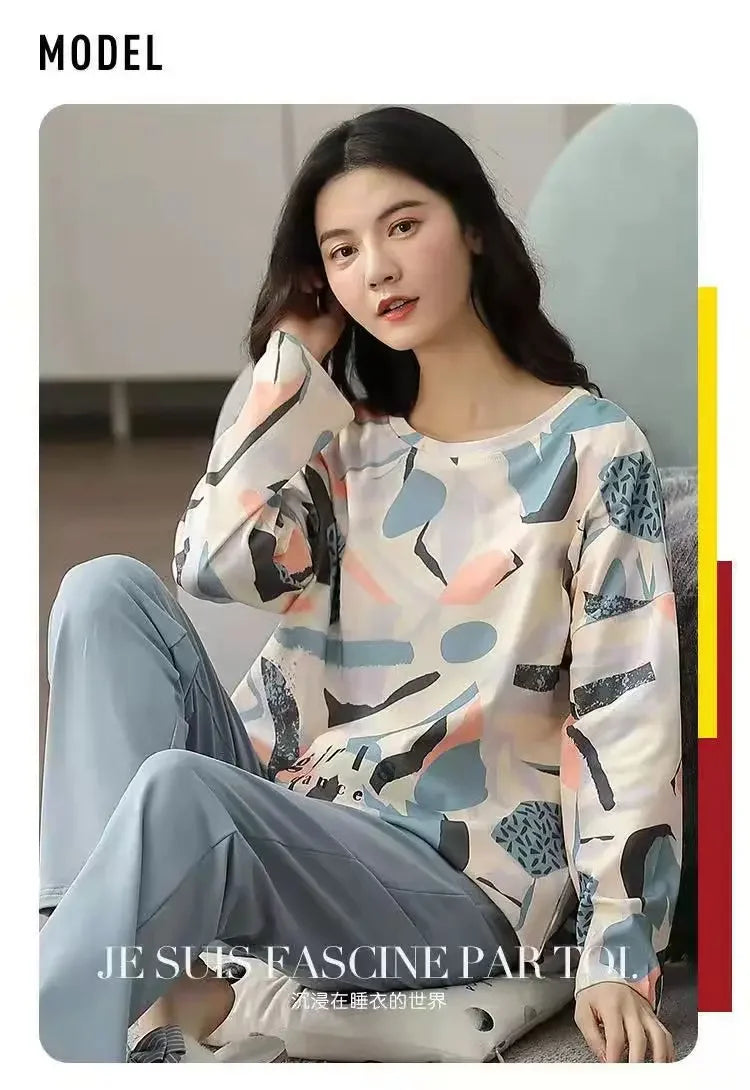 Women's pajamas spring and autumn long-sleeved autumn and winter home clothes plus size simple loose suit outerwear