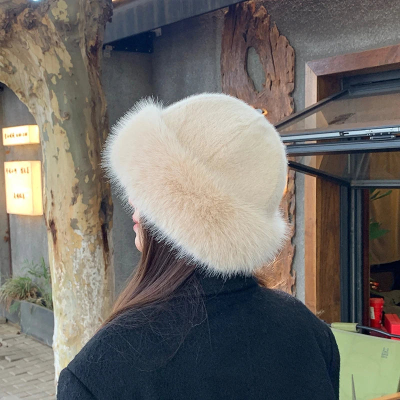 Winter Plush Fisherman Hat For Women Thick Fluffy Fur Ear Protection Cap Windproof Warm Headgear Fashion Female Panama Basin Cap
