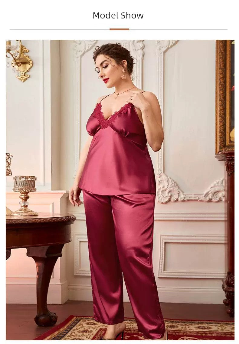 100.00kg Plus Size Ladies Plus Size Ice Silk Pajamas Fat Women plus Size Pajamas Set 2pcs 5x