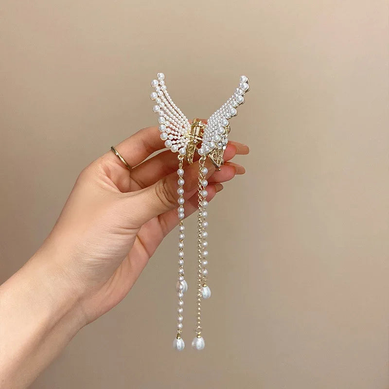 Super Fairy Butterfly Tassel Grab with Diamond Pearl Angel Wings Back Head Hair Grab Female Summer Half Tie Hair Artifact