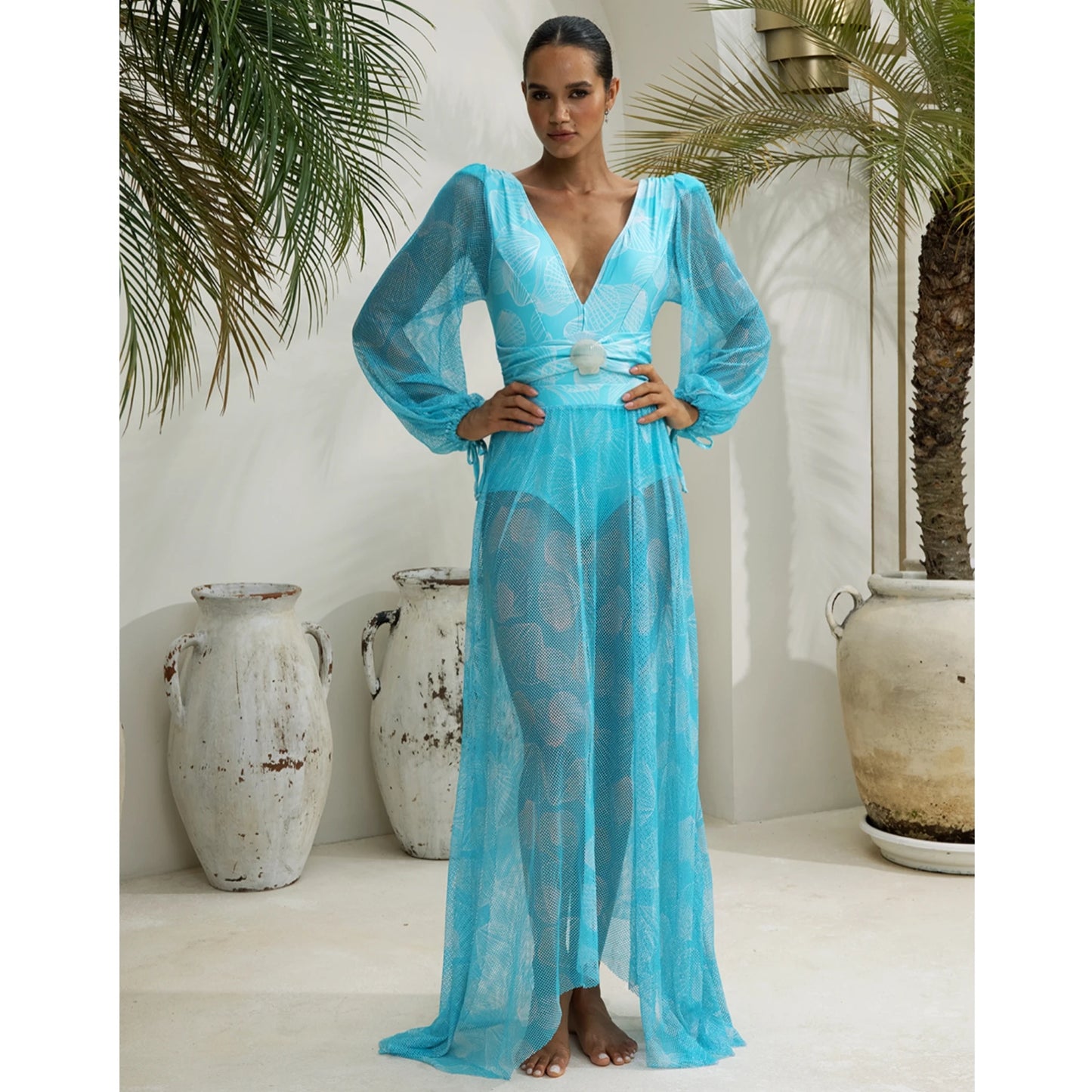 2024 V Neck Shell Print Decor Long Sleeve One Piece Swimsuit and Skirt  Clearance Wholesale Bodysuit Dress