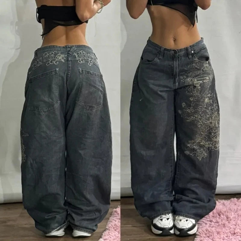 2024 American New Harajuku Vintage Oversized Printed Jeans Women Y2K Washed Old Hip Hop Gothic High Waist Wide Leg Trousers Viralgem Store