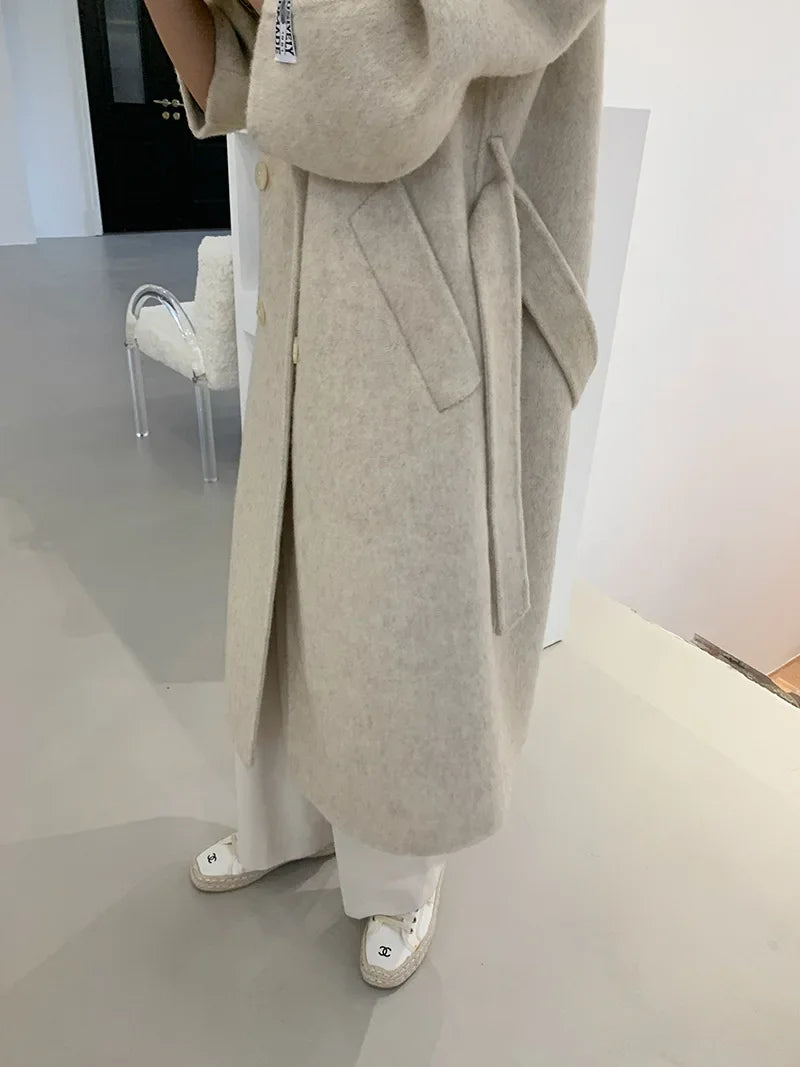 2024 Autumn Winter Wool Coat Women Double-breasted Solid Color Women's Double-sided Woolen Belt Coats Loose Warm Wool Jacket