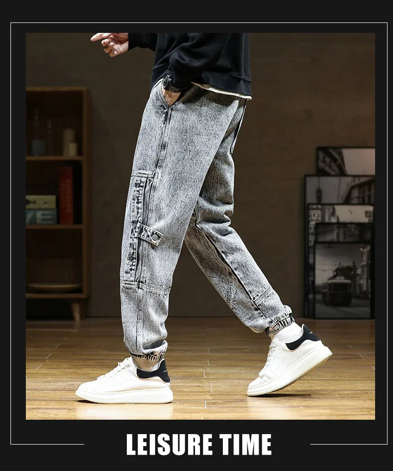 Spring Autumn Jean Men Elastic Waist Harem Hip-hop Denim Pant Male Street Fashion Big Size Loose Fit Baggy Jogger Cowboy Trouser