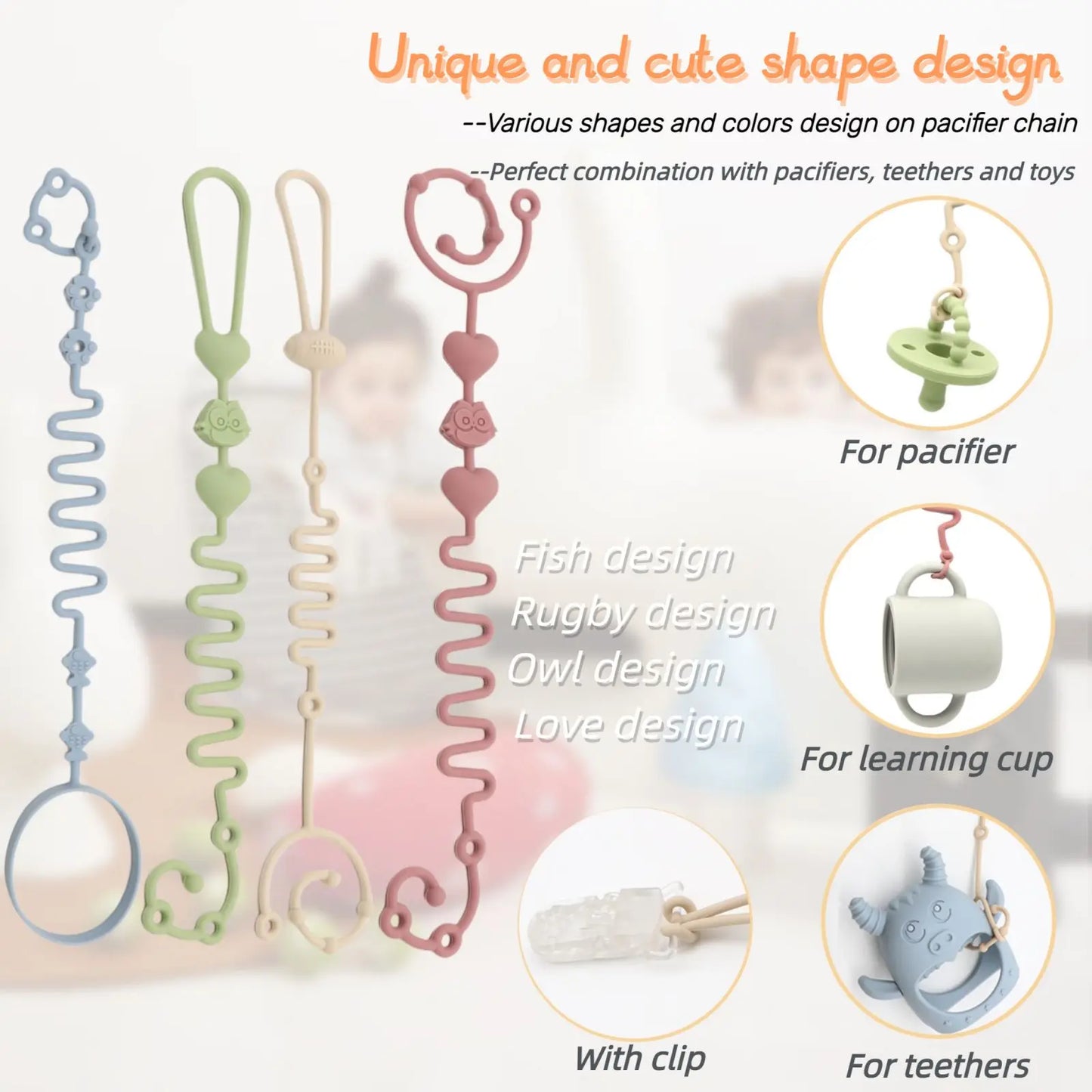 4pcs Adjustable Silicone Pacifier Chain, Teether Toys, Suitable for High Chair, Crib, Baby Gifts,beige