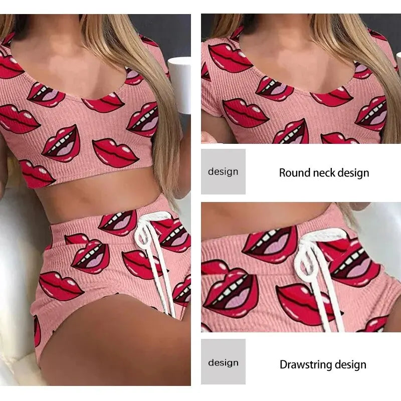 Two Piece Set of New Women's Fashionable Red Lip Pattern Pajama Home Set, Women's Slim Fit V-Neck Sexy High Waist Pajama Set