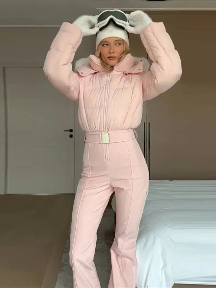 Snow Jumpsuit Women High Neck Zipper Long Sleeves Hoodie Patchwork Fur Belts Skiwear Female 2025 Winter Solid Warm Streetwears Viralgem Store