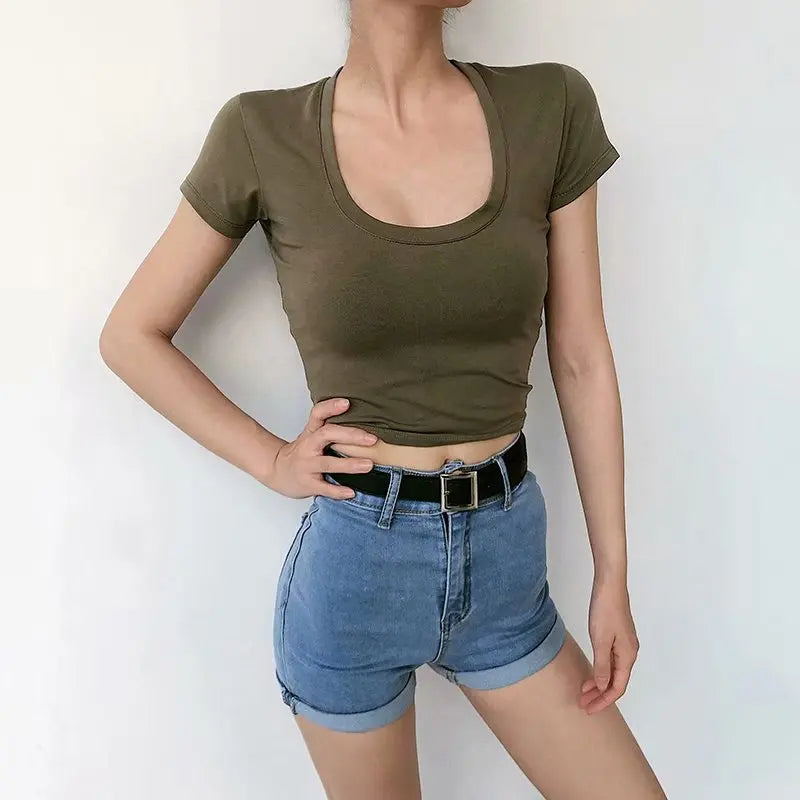 U-Neck Crop Top Solid Color Women Casual High Waist T Shirt Basic Sexy Streetwear Short Sleeve Slimming