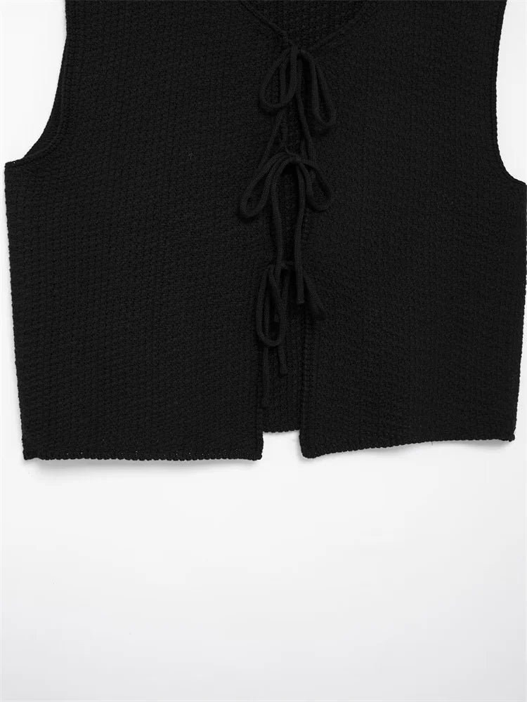 Zevity Women Euro Style V Neck Solid Sleeveless Bow Short Vest Jacket Ladies Retro Knitting Cardigan Slim WaistCoat Tops CT6203 Viralgem Store