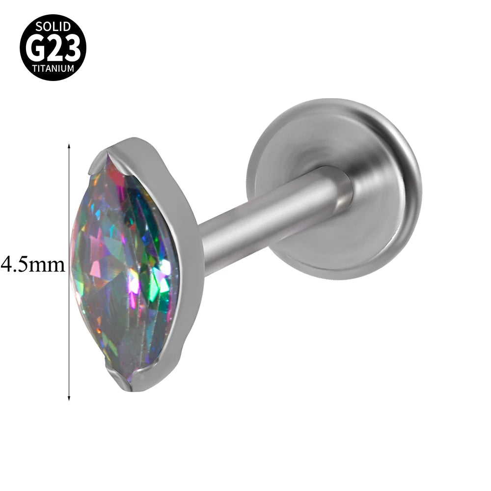 1PC ASTM F136 Titanium Marquise Labret CZ Zircon Ear Tragus Cartilage Flat Back Earring Piercing Internally Thread Body Jewelry