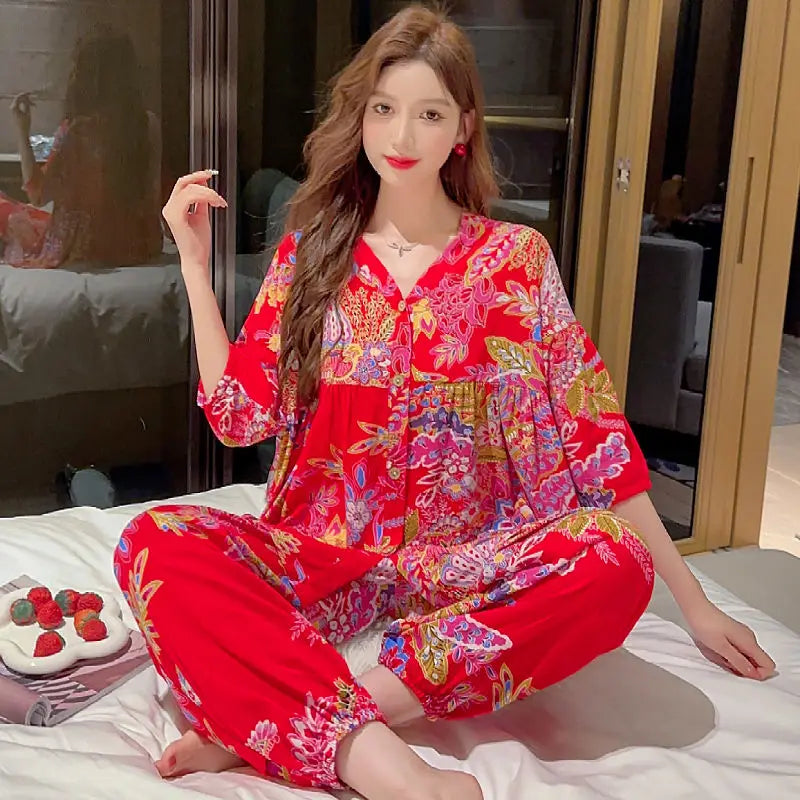 2023 New Cotton Silk Summer Pajamas Suit Plus Size Loose Ladies Home Clothes Two-piece Casual Style Thin