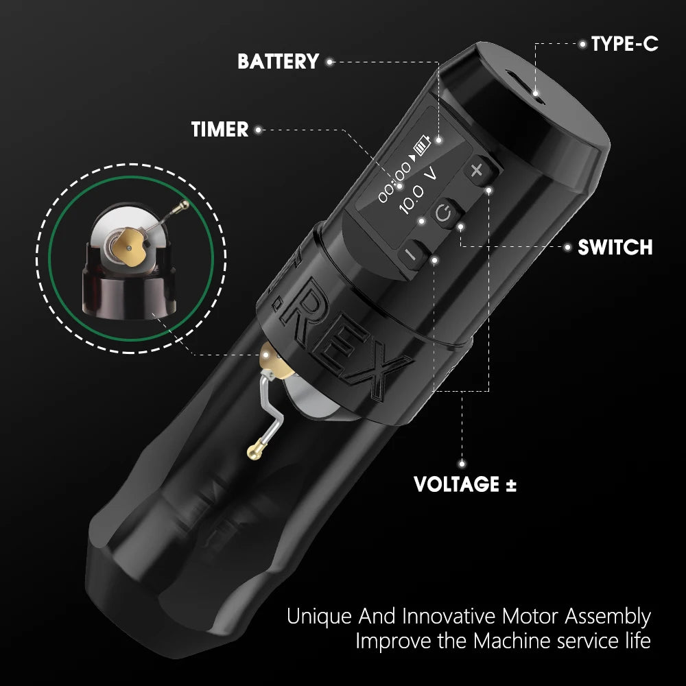 T-Rex Wireless Tattoo Machine Rotaty Battery Pen With Portable Power Pack 2400mAh LCD Digital Display For Body Art Makeup