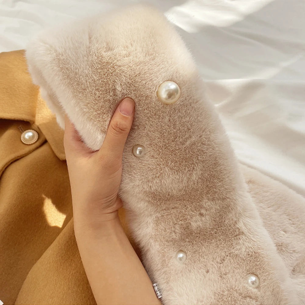 2023 Pearl Faux Rabbit Fur Scarf Women Cute Neck Warmer Winter Warm Soft Furry Scarves Outdoor Windproof Cross Scarf Collar New