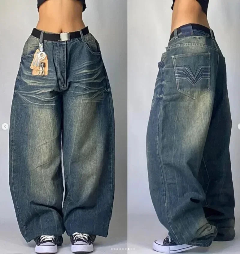 Y2K Fashion Red Print Grey Washed Baggy Jeans Men Women Harajuku Gothic Skateboard Pants Vintage Street Clothes Wide leg pants