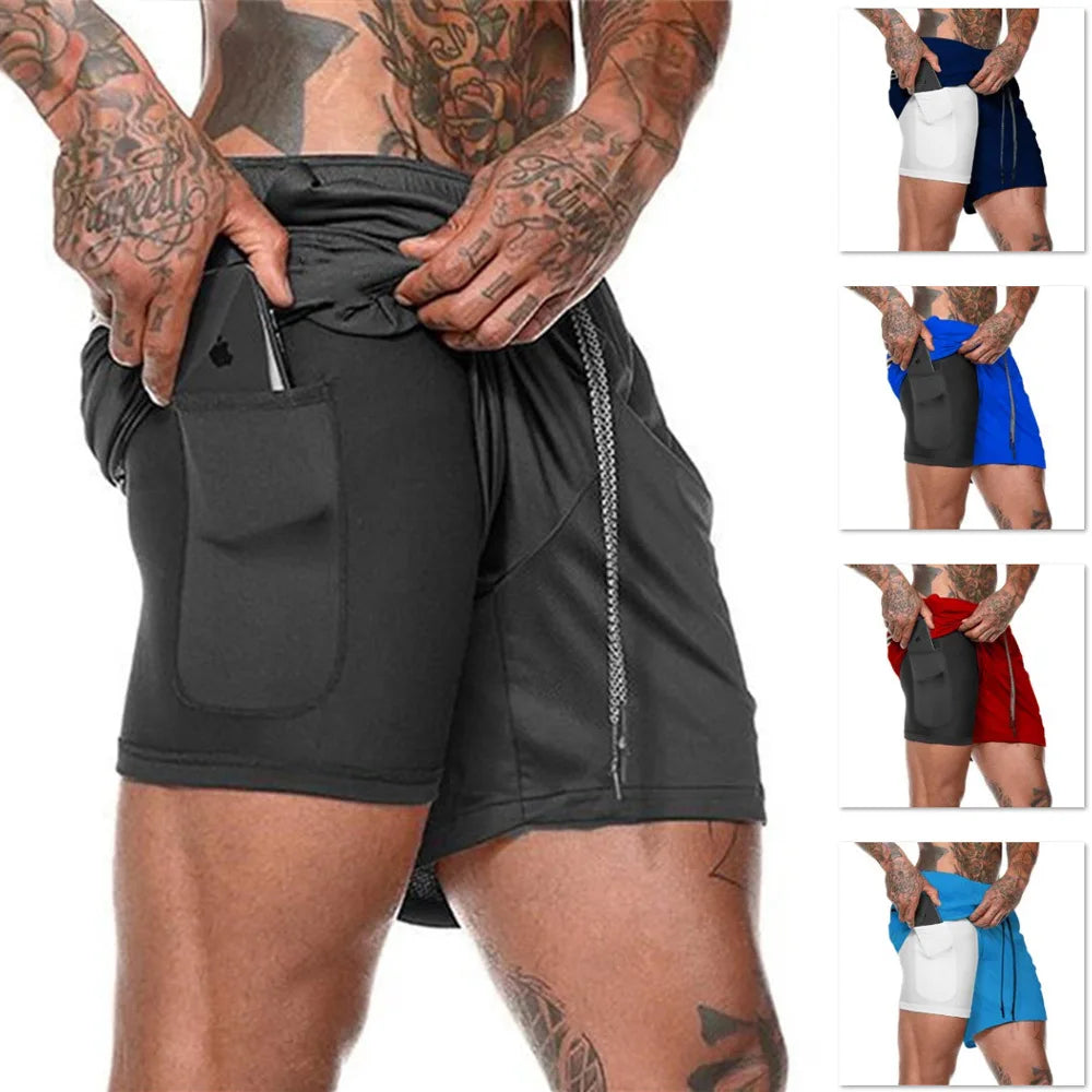 2024 European Men's Sports Summer New Double Layer Mobile Phone Pants Gym Exercise Jogging Training Shorts
