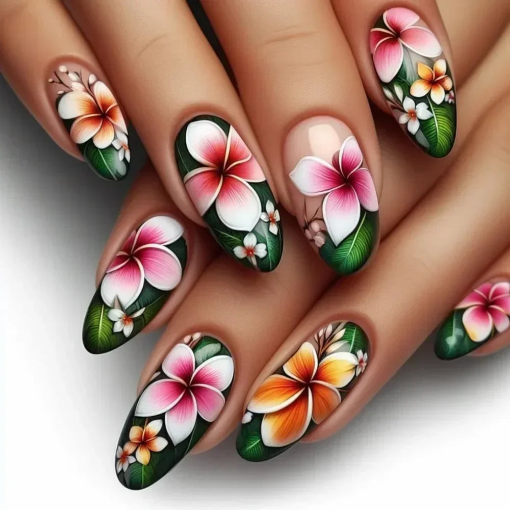 24Pcs Autumn Winter Matte Almond False Nails with Glue Rose Leaf Printing Nail Art Simple Full Cover Press on Acrylic Nails Tips Viralgem Store