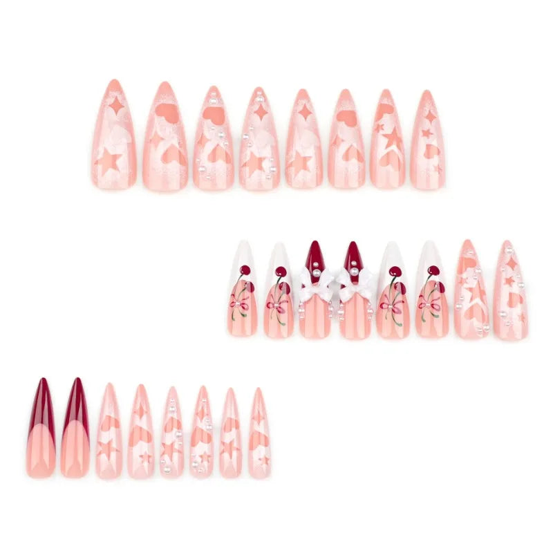 24Pc Long Stiletto Press on Nails Cherry Pink French False Nails with 3D Bow Pearls Design Detachable Acrylic Fake Nail Art Tips Viralgem Store