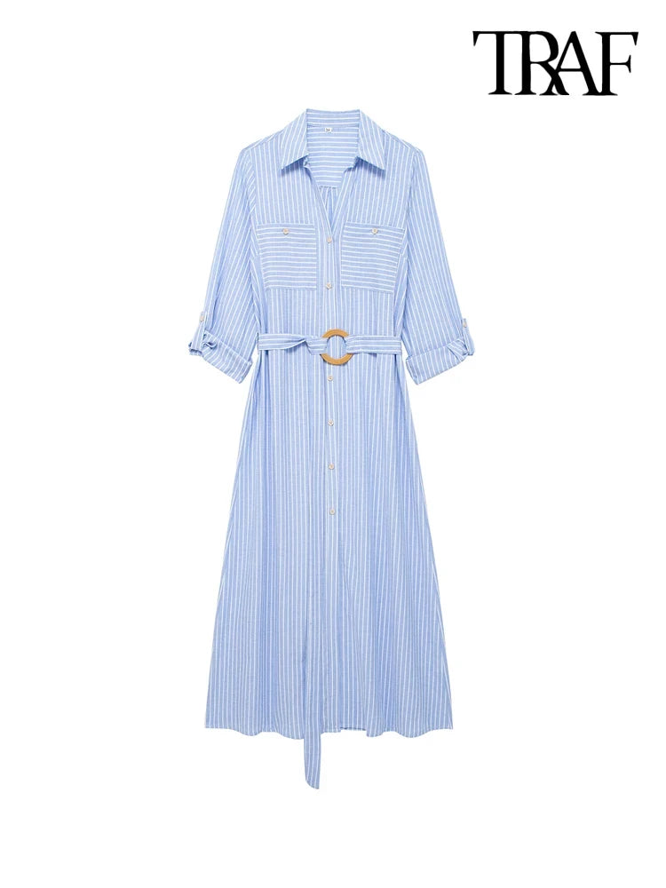 TRAF Women Fashion With Belt Front Patch Pockets Midi Shirt Dress Long Turn-up Sleeves Button-up Female Dresses Mujer