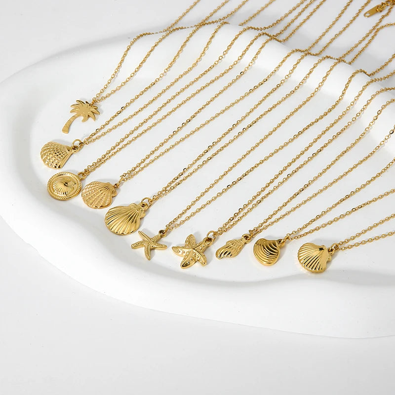 Tarnish Free Stainless Steel Waterproof Jewelry Starfish Conch Shell Coconut Palm Pendant Necklace for Women Girls Holiday Gift