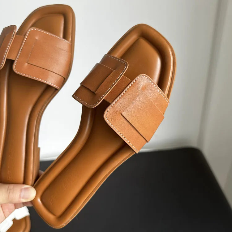 2024 Women Modern Slippers Summer Outdoors Comfortable Flat Slippers Luxury Leather Slippers Casual Slides Shoes Females Sandals