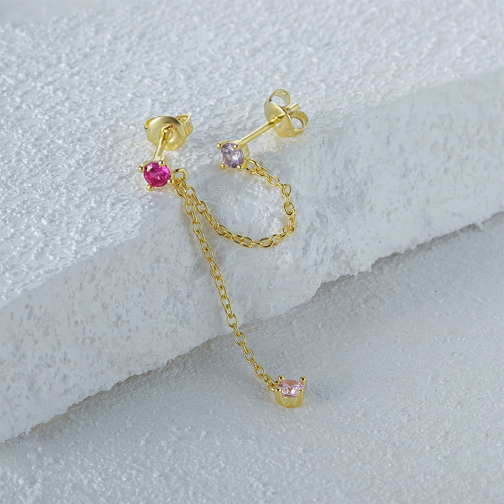 Aide 925 Sterling Silver 1pc Four Zircons Charm Chain Tassel Earrings For Women Double Studs Sparkling CZ Pave Cartilage Clips