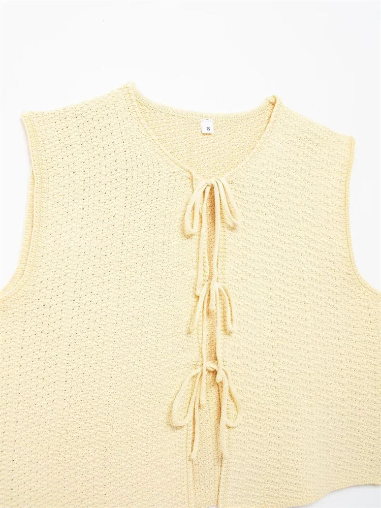 Zevity Women Euro Style V Neck Solid Sleeveless Bow Short Vest Jacket Ladies Retro Knitting Cardigan Slim WaistCoat Tops CT6203 Viralgem Store