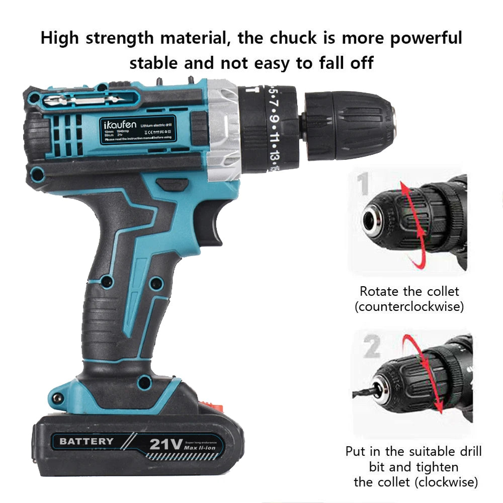 21V Cordless Drill Electric Screwdriver Mini Wireless Power Driver Lithium-Ion Battery Home DIY Cordless Drill Set