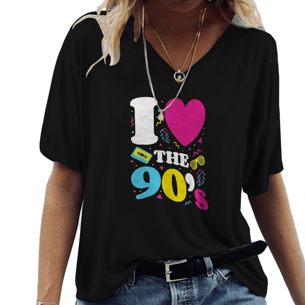 Women Fashion Short Seeve T Shirt V-neck Cotton 3d Love 80s Printed Tee Shirt Harajuku Summer Vintage Femme Loose Ladies Clothes