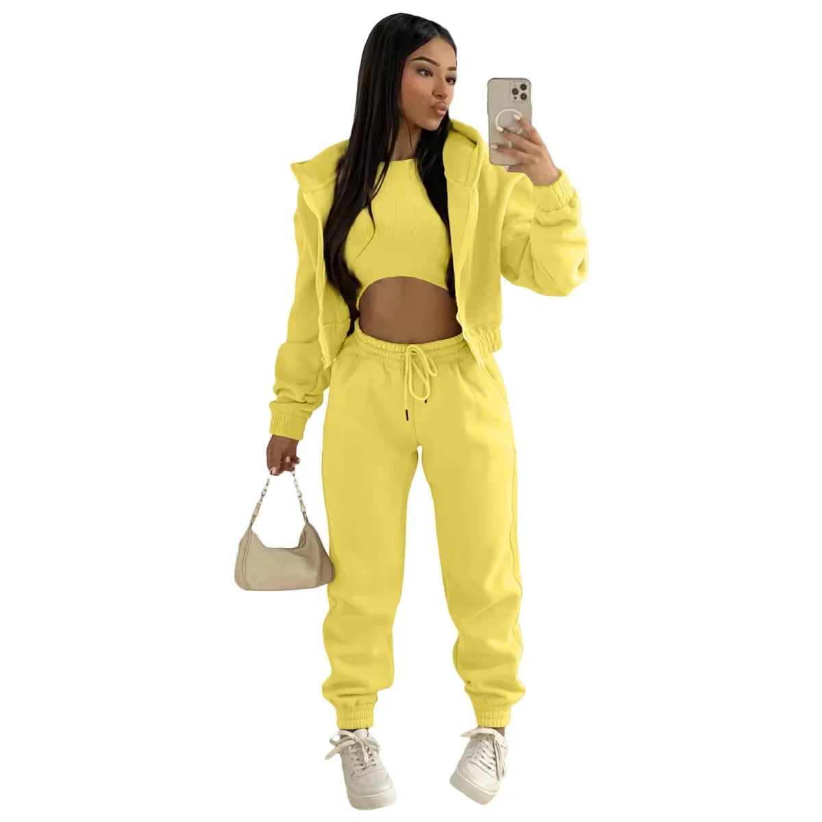3pcs Women's Clothing Set Fleece-lined Hooded Sweater &Sleeveless Tank Top & Sports Sweatpants Pants Viralgem Store
