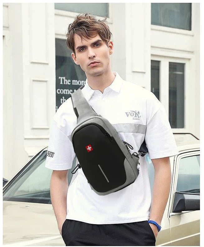 SWISS New Men's Casual Chest Bag Sports Waterproof Shoulder Bag Anti-theft Crossbody Bag Fashion Solid Color Usb Bag Sling Pack Viralgem Store
