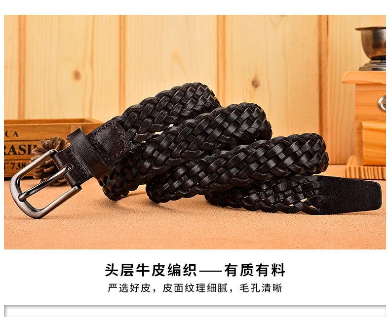 2023 Women Casual Luxury New Style Width 2.5cm  Woven Belt Needle Buckle Real Leather Head Layer Cowhide Handmade Decorative