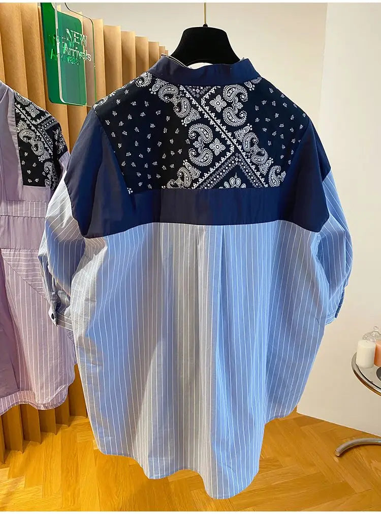 Striped Short-sleeved Shirt Women 2025 Summer Autumn New Stitching Printed Cotton and Linen Retro Loose Casual Blouses Top Freshlook Styles