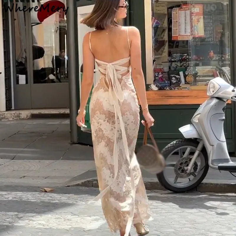 WhereMery New Bandage Backless Print Maxi Dress Elegant Spaghetti Straps Sleeveless Dresses Fashion 2023 Evening Party Club Robe